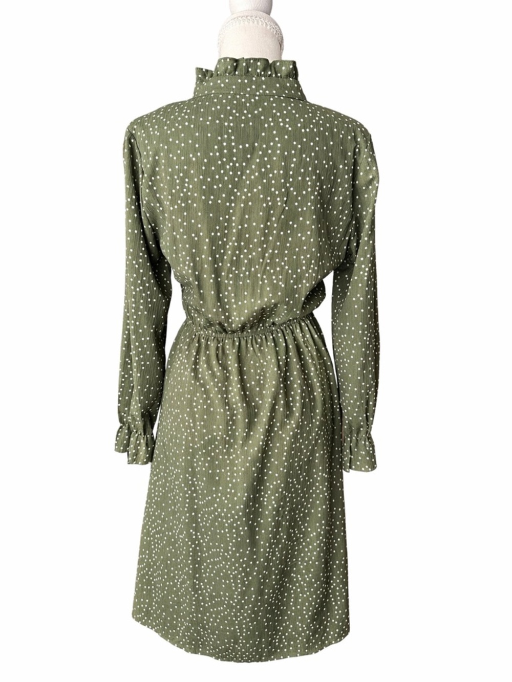 Olive Green Polka Dot Ruffle Tie-Neck Long Sleeve Dress - Picture 2 of 4